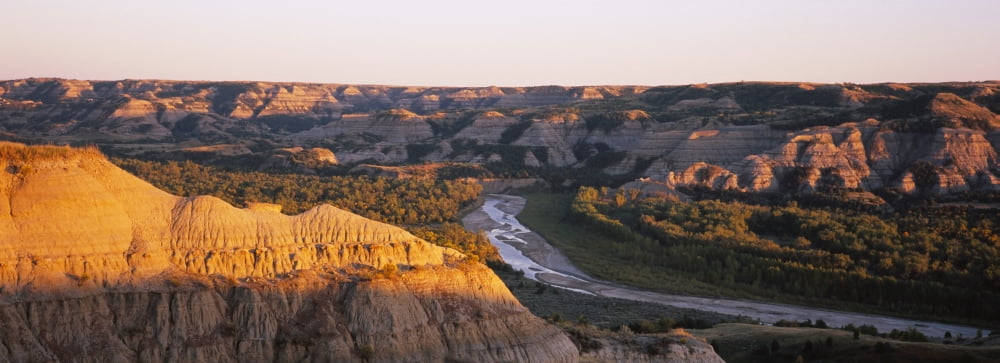 High angle view of a river passing through a landscape Little Missouri River Badlands Theodore Roosevelt National Park North Dakota USA Canvas Art - Panoramic Images (36 x 12)