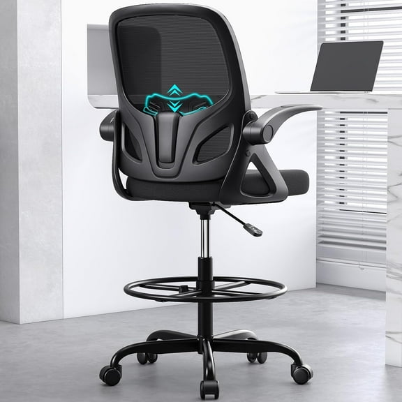 High-back drafting chair with ergonomic design, adjustable armrests and lumbar support, black.
