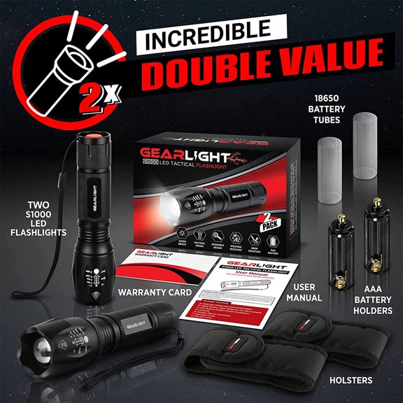 High brightness LED flashlight, mini tactical LED flashlight set of 2, 5 modes adjustable beam, battery powered (battery not included) suitable for camping, hunting, home and emergency situations, co