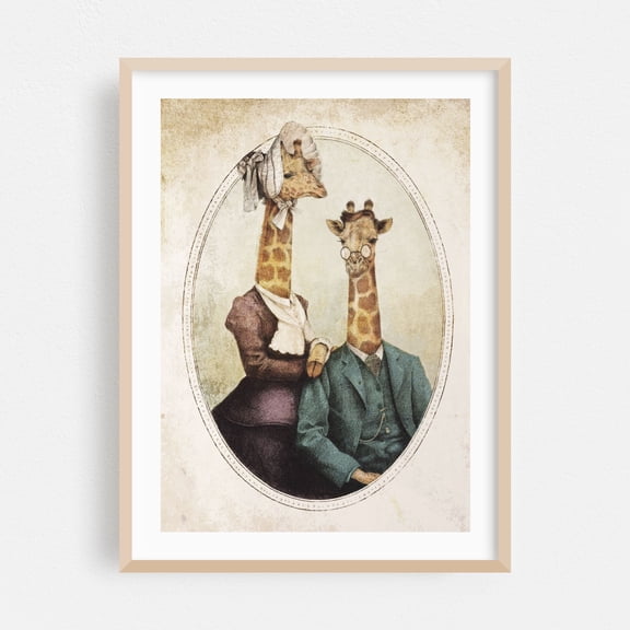 High class couple - Drawing Surrealism Vintage Humor Retro Whimsical Oak Framed Wall Art Print 5 x 7 inches