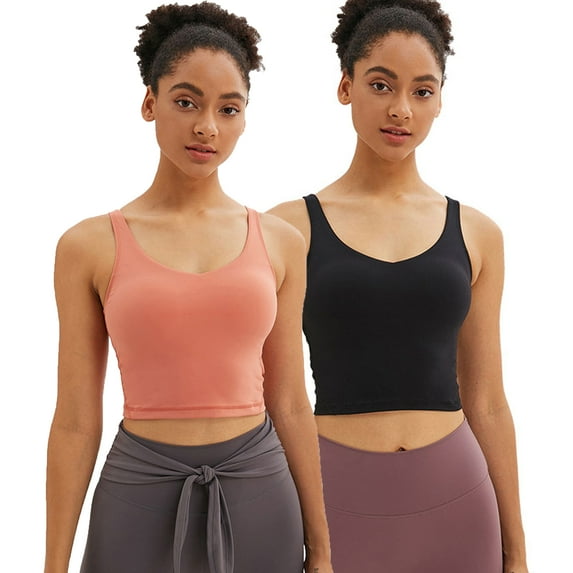 2-pcs Women's Comfy Sports Bras Padded Gym Workout Longline Crop Top Sleeveless Running Yoga Crop Tank Tops