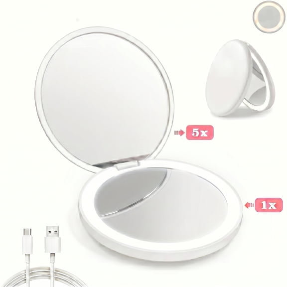 Weymikeze Slim Round Compact Makeup Mirror, Lighted, Portable, Rechargeable, 5X Magnification, White