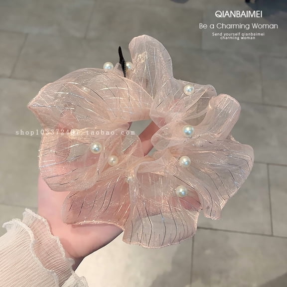 High-end French pearl scrunchie new style mesh hair tie for women, ponytail accessory