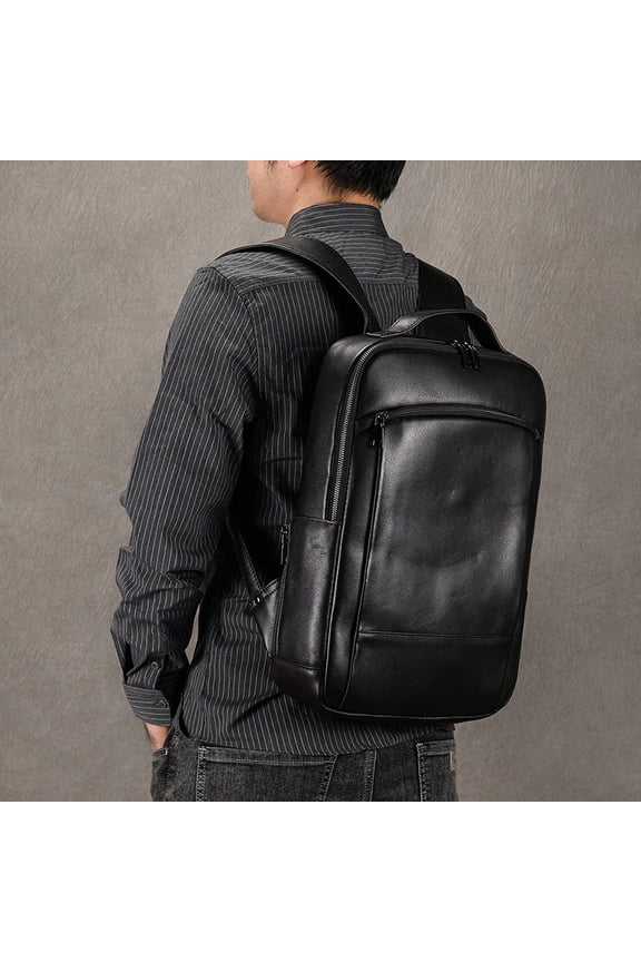 High-end Men's Leather Large-capacity Backpack 16-inch,Double Zipper Main Bag