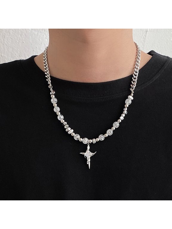 High-end Personalized Titanium Steel Necklace Irregular Metal Stone Ice Crack Cross Necklace Clavicle Chain