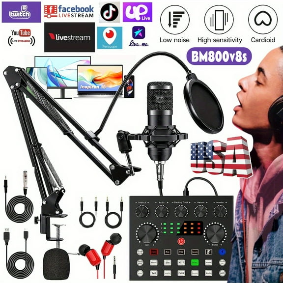 High-end Professional Podcast Equipment Kit, V8s Audio Interface With All-in-one Live Sound Card And BM800 Condenser Microphone, Podcast Microphone, Great For Recording, Broadcasting, Live Streaming