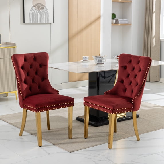 High-end Tufted Solid Wood Contemporary Velvet Upholstered Dining Chair with Golden Stainless Steel Plating Legs, Nailhead Trim, Set of 2, Wine Red and Gold