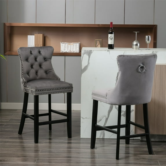 Bar Stools Set of 2, Velvet Button Tufted Upholstered Counter Height Barstools with Nailhead Trim, Footrest and Ring Pull, Leisure Wing-Back Bar Chairs for Kitchen Living Room, Gray