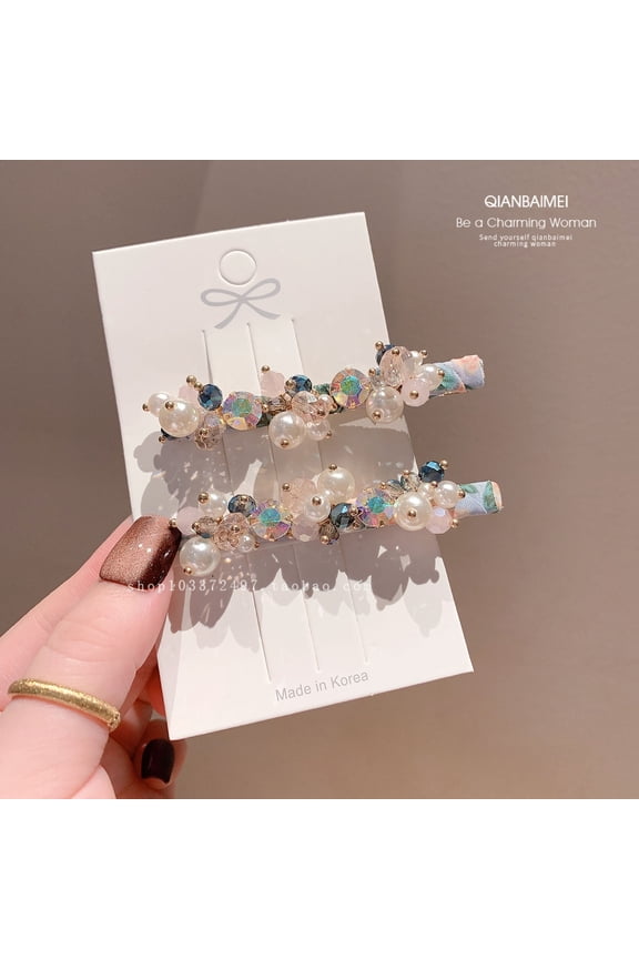 High-end Vintage Beaded Barrette Hair Clip for Women, Korean-Style Side Bang Pin with Crystal Accents