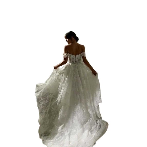 High-end custom sizing 2026 new model simple off-shoulder high-end lace dress with long train, slimming and figure-flattering bridal gown