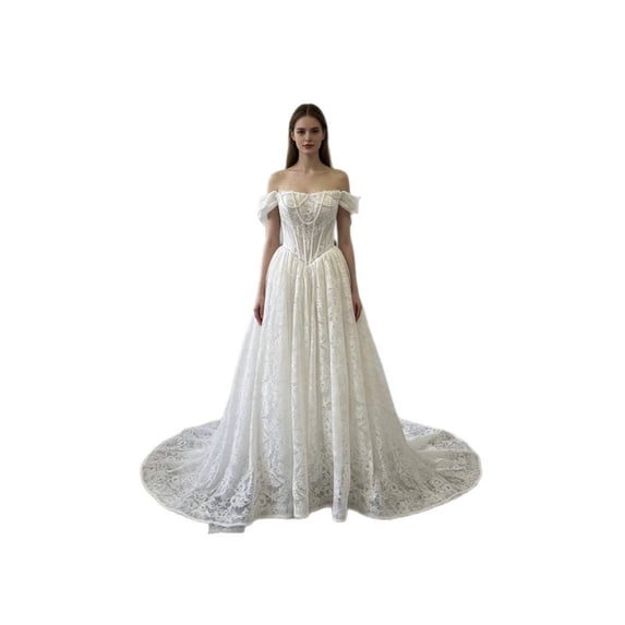 High-end custom sizing 2026 new model simple off-shoulder high-end lace dress with long train, slimming and figure-flattering bridal gown