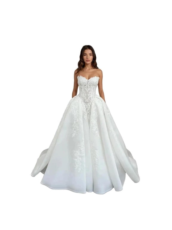 High-end custom strapless lace wedding dress - Tailored to customer's measurements | Luxurious sheer lace bodice with detachable large skirt | Heirloom Craftsmanship