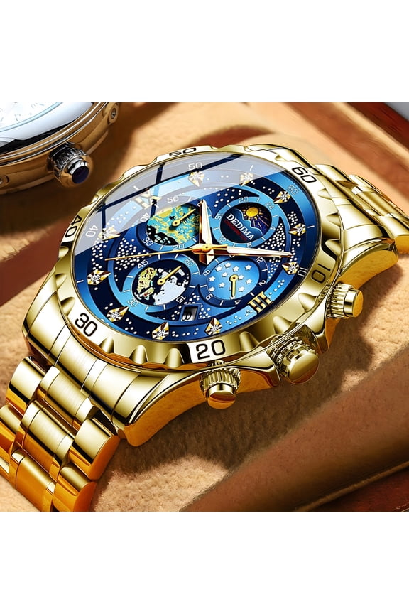 High-end fashion men's watch with four sub-dials, six hands, multi-function, sporty, luminous, with day, night, and starry sky display, 24-hour chronograph function