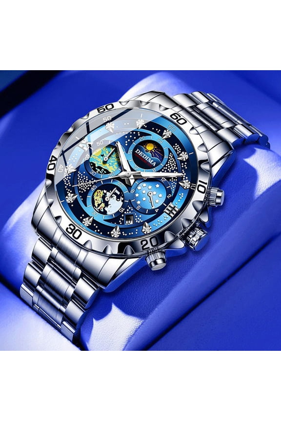 High-end fashion men's watch with four sub-dials, six hands, multi-function, sporty, luminous, with day, night, and starry sky display, 24-hour chronograph function