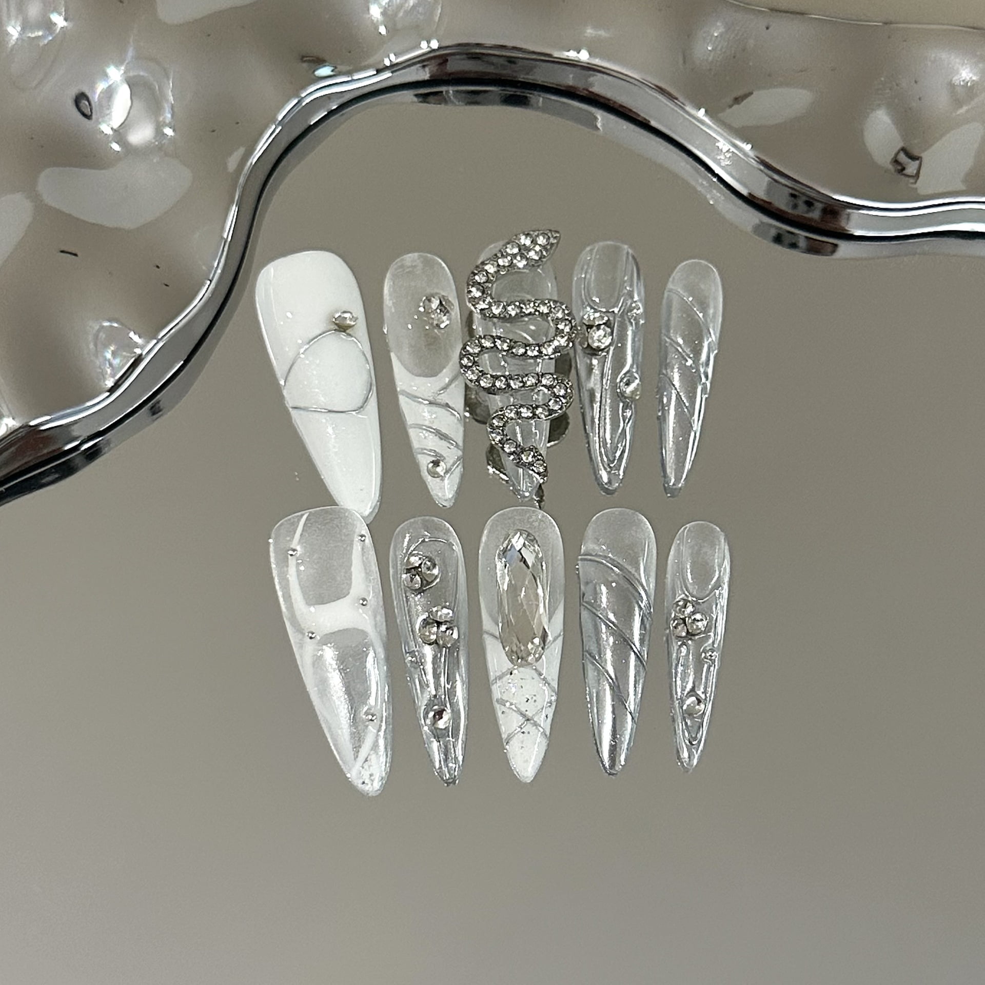 High-end handmade wear nail piece, advanced sense silver snake diamond manicure removable white light luxury temperament white