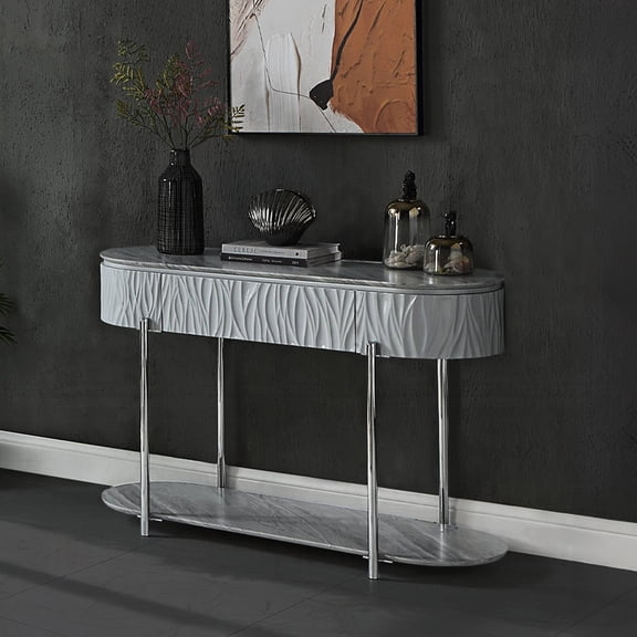 High - gloss grey sofa table / For living room decoration / Features a unique oval form