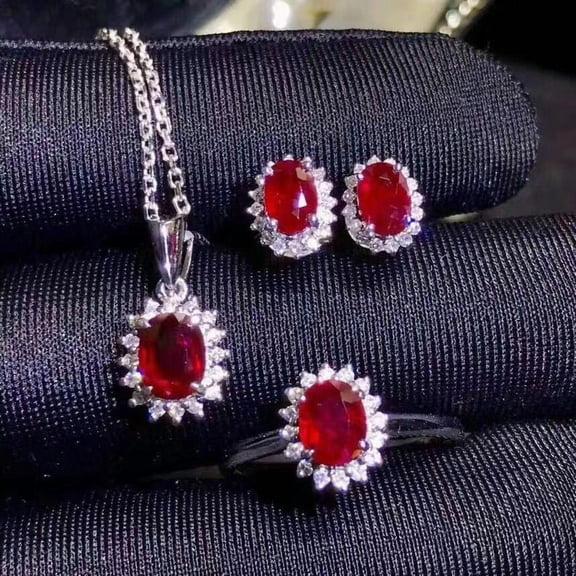 High-grade Ring Necklace Ear Stud Ornament Colored Gems Set Three-piece Set
