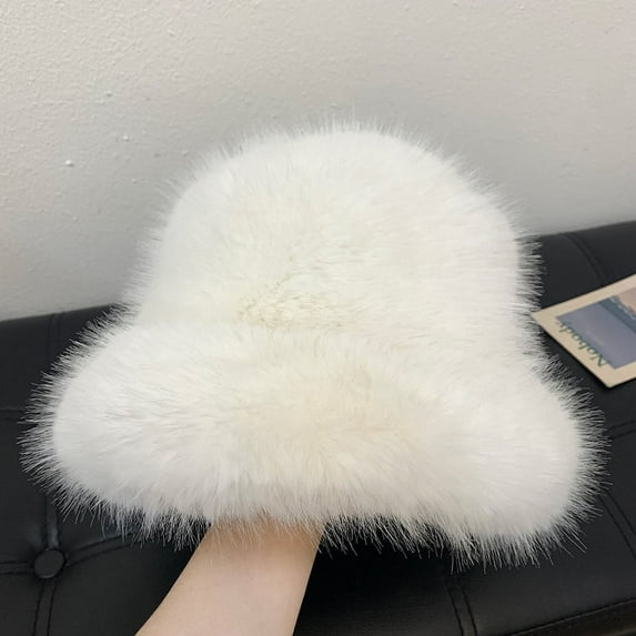 High-grade faux fur mink fur fluffy fisherman hat lady style big head circumference plush hat winter warm pullover hat-white-bucket hat