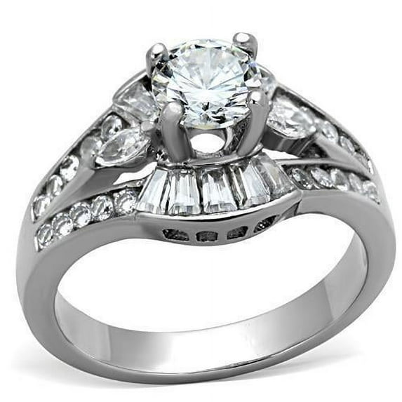 High polished (no plating) Stainless Steel Ring with AAA Grade CZ in Clear for Women Clear Stone Color Style TK1451 Size 8