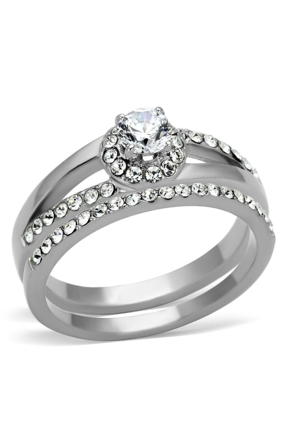 High polished (no plating) Stainless Steel Ring with AAA Grade CZ in Clear for Women Clear Stone Color Style TK971 Size 7