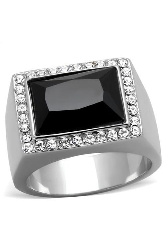 High polished (no plating) Stainless Steel Ring with Synthetic Onyx in Jet for Women Jet Stone Color Style TK1810 Size 13