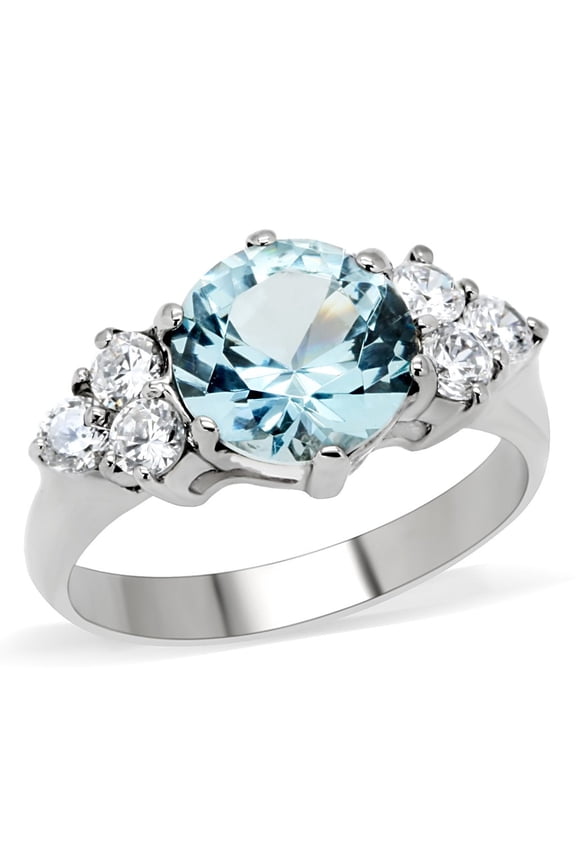 High polished (no plating) Stainless Steel Ring with Synthetic Spinel in London Blue for Women London Blue Stone Color Style TK179 Size 10