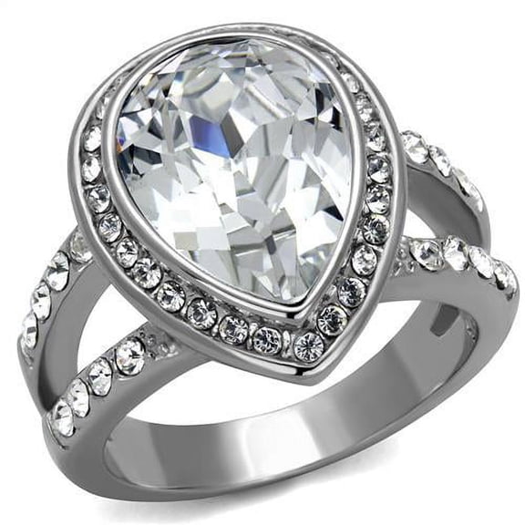 High polished (no plating) Stainless Steel Ring with Top Grade Crystal in Clear for Women Clear Stone Color Style TK2504 Size 8