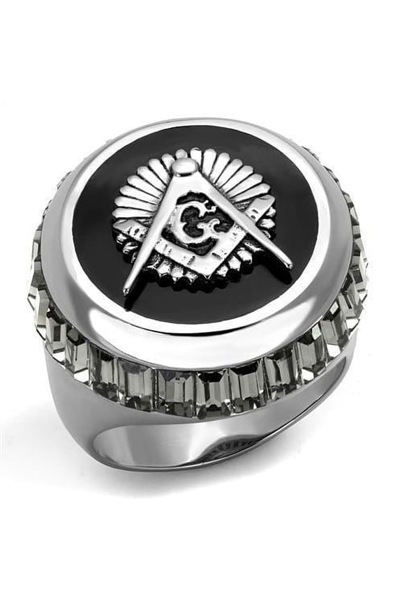 High polished (no plating) Stainless Steel Ring with Top Grade Crystal in Jet for Women Masonic Theme Jet Stone Color Style TK2666 Size 10