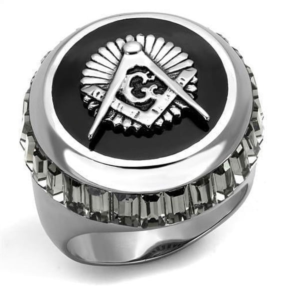 High polished (no plating) Stainless Steel Ring with Top Grade Crystal in Jet for Women Masonic Theme Jet Stone Color Style TK2666 Size 9