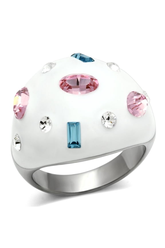 High polished (no plating) Stainless Steel Ring with Top Grade Crystal in Multi Color for Women Multi Color Stone Color Style TK512 Size 7