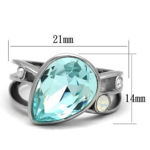 High polished (no plating) Stainless Steel Ring with Top Grade Crystal in Sea Blue for Women Sea Blue Stone Color Style TK2502 Size 10