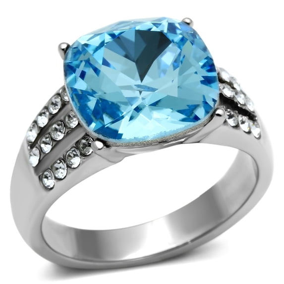High polished (no plating) Stainless Steel Ring with Top Grade Crystal in Sea Blue for Women Sea Blue Stone Color Style TK647 Size 5