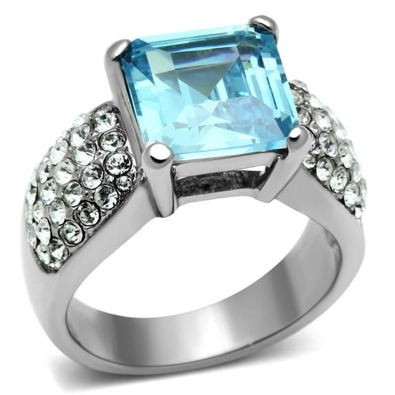 High polished (no plating) Stainless Steel Ring with Top Grade Crystal in Sea Blue for Women Sea Blue Stone Color Style TK648 Size 9