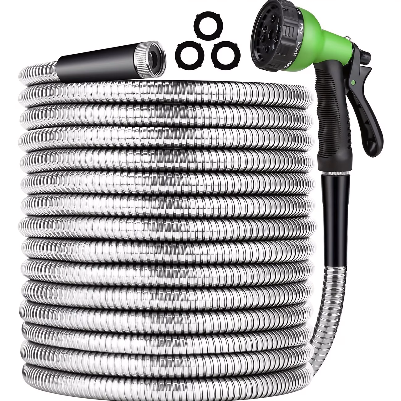 High pressure stainless steel garden hose with spray gun, durable vinyl, standard US threads, suitable for lawn watering and car washing