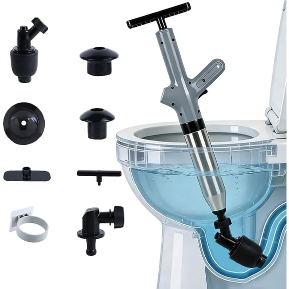 High-pressure toilet plunger, pneumatic drain plunger with visual pressure gauge and 6 different heads, upgraded toilet plunger, heavy-duty clog removal set, suitable for bathroom sinks and toilets