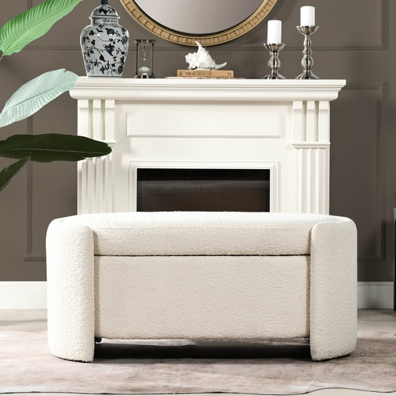 High - quality Handmade Storage Solution - Oval Bench with 3 - compartment Storage in Ivory White Boucle