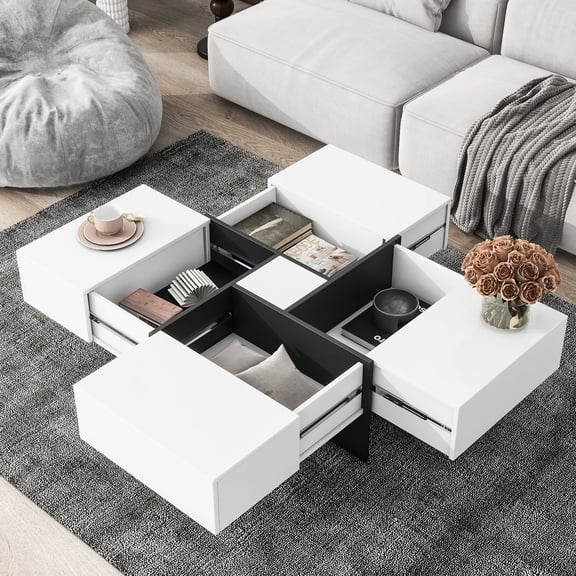 High - quality Square Table - 4 Compartments under Sliding Top - Home Living Area - Modern and Practical Look