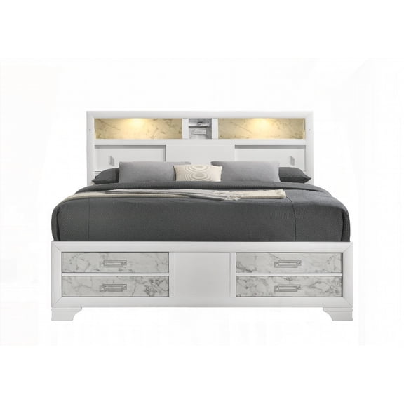 High-quality wood bed with marble accents & built-in lighting|Full size (NJ Inventory)