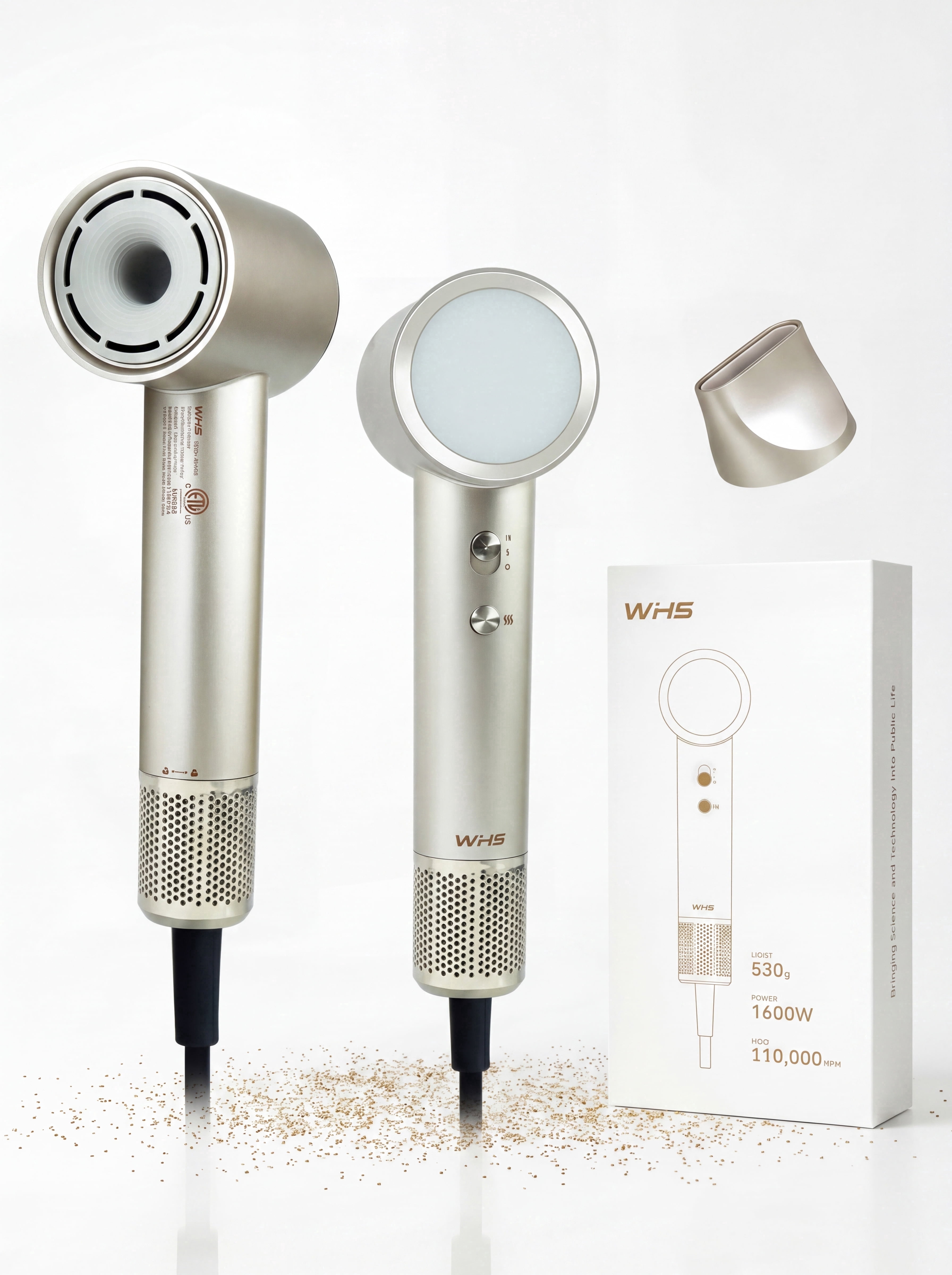 WHS High Speed Ionic Hair Dryer, 110000 RPM Brushless Motor, Fast Drying, Lightweight Gold with Nozzle