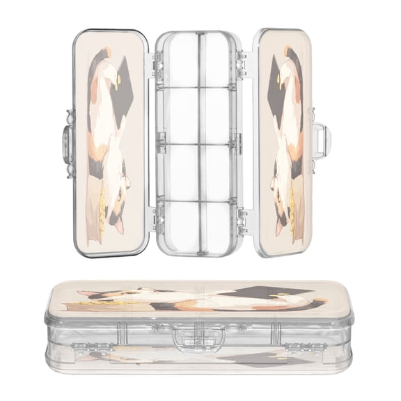 High-transparency PET Double-layer Printed Clear Pencil Case, Detachable Compartments Large Capacity Stationery Storage Box A Cat Eating Chips
