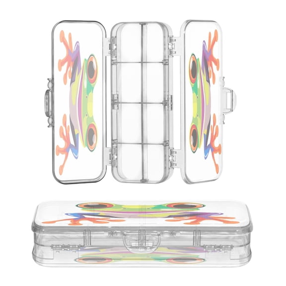 High-transparency PET Double-layer Printed Clear Pencil Case, Detachable Compartments Large Capacity Stationery Storage Box Cartoon Cute Frog