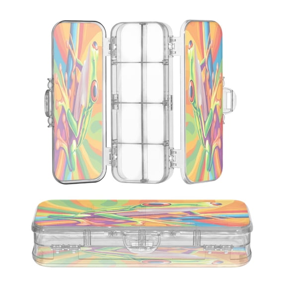 High-transparency PET Double-layer Printed Clear Pencil Case, Detachable Compartments Large Capacity Stationery Storage Box Cartoon Green Frog