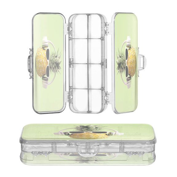 High-transparency PET Double-layer Printed Clear Pencil Case, Detachable Compartments Large Capacity Stationery Storage Box Cool Pineapple