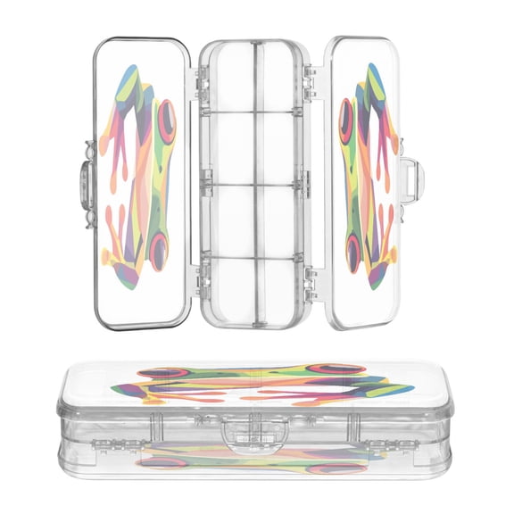High-transparency PET Double-layer Printed Clear Pencil Case, Detachable Compartments Large Capacity Stationery Storage Box Cute Cartoon Frog