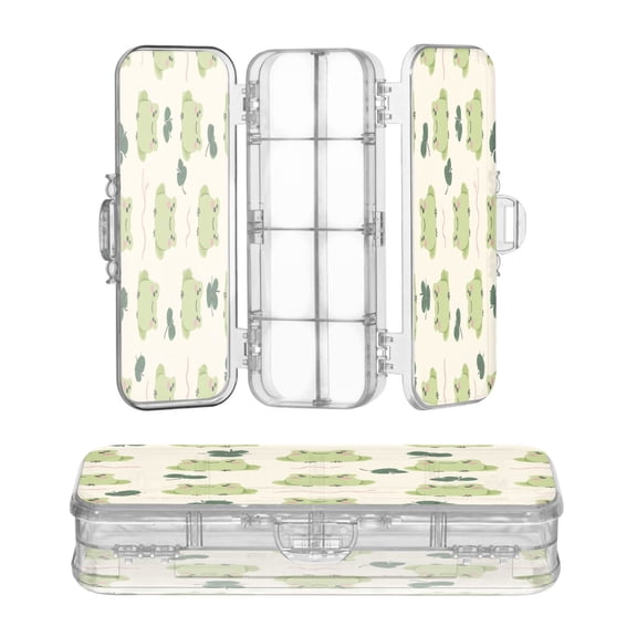High-transparency PET Double-layer Printed Clear Pencil Case, Detachable Compartments Large Capacity Stationery Storage Box Green Frog Pattern