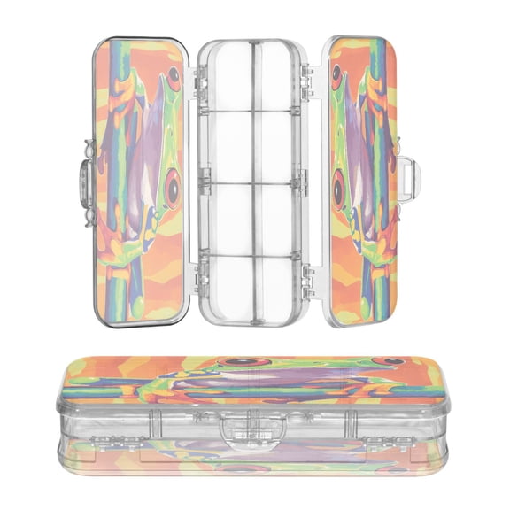 High-transparency PET Double-layer Printed Clear Pencil Case, Detachable Compartments Large Capacity Stationery Storage Box Lovely Green Frog