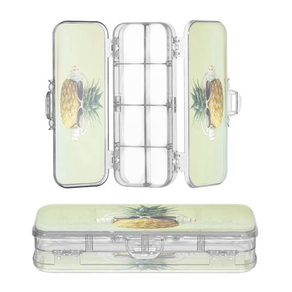 High-transparency PET Double-layer Printed Clear Pencil Case, Detachable Compartments Large Capacity Stationery Storage Box Pineapple Glasses