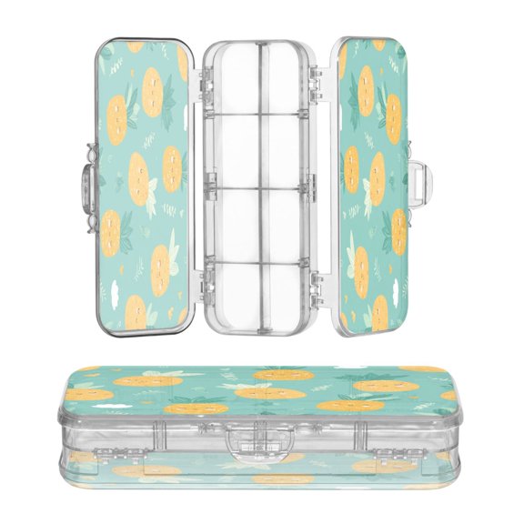 High-transparency PET Double-layer Printed Clear Pencil Case, Detachable Compartments Large Capacity Stationery Storage Box Pineapple Pattern Cartoon
