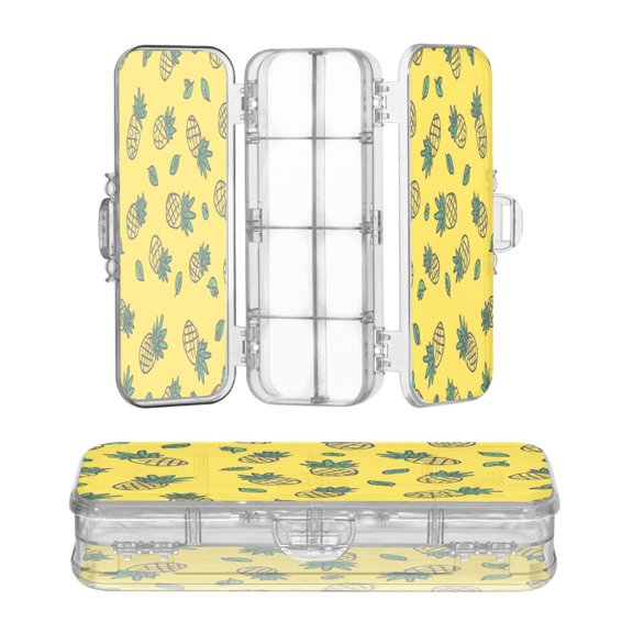 High-transparency PET Double-layer Printed Clear Pencil Case, Detachable Compartments Large Capacity Stationery Storage Box Yellow Pineapple Seamless