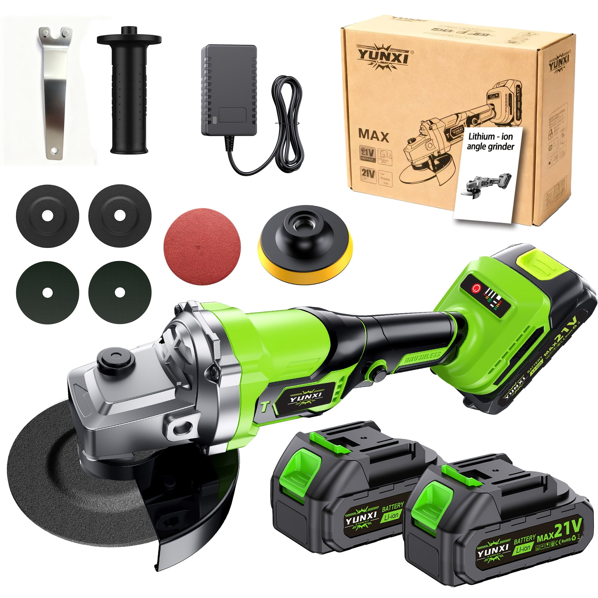 High-value, multi-functional cordless angle grinder with lithium-ion battery, fast charger, and a full set of accessories—perfect for home renovation, polishing, and DIY projects